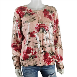 Isaac Mizrahi Live! Special Edition Pink Floral Sequined Knit Cardigan Sweater